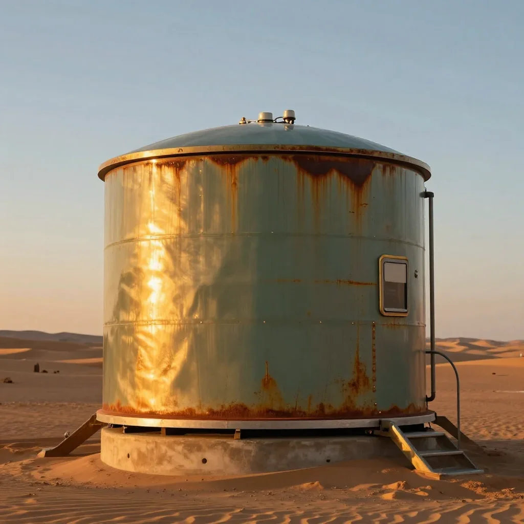 a desert research station during golden hour, high-end design magazine photography, gentle reflected light, rust and sag