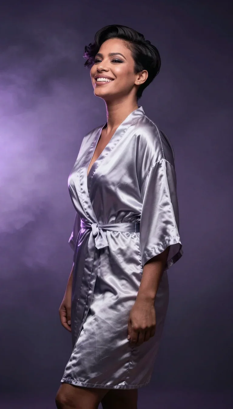a smiley lounge singer in a satin robe in a dramatic three-quarter profile, in a smoke-lit photo studio, Vogue-style stu