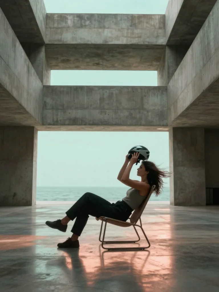 a rider removing a helmet, flushed and windblown reclining elegantly on a chaise, in a brutalist concrete atrium, Vogue-