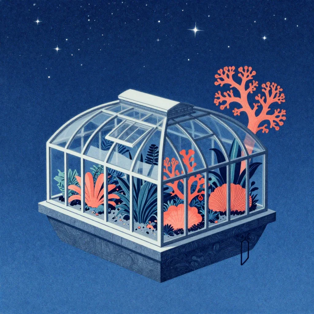 a floating botanical conservatory beneath a star-filled sky, Japanese woodblock-inspired editorial art, restrained color