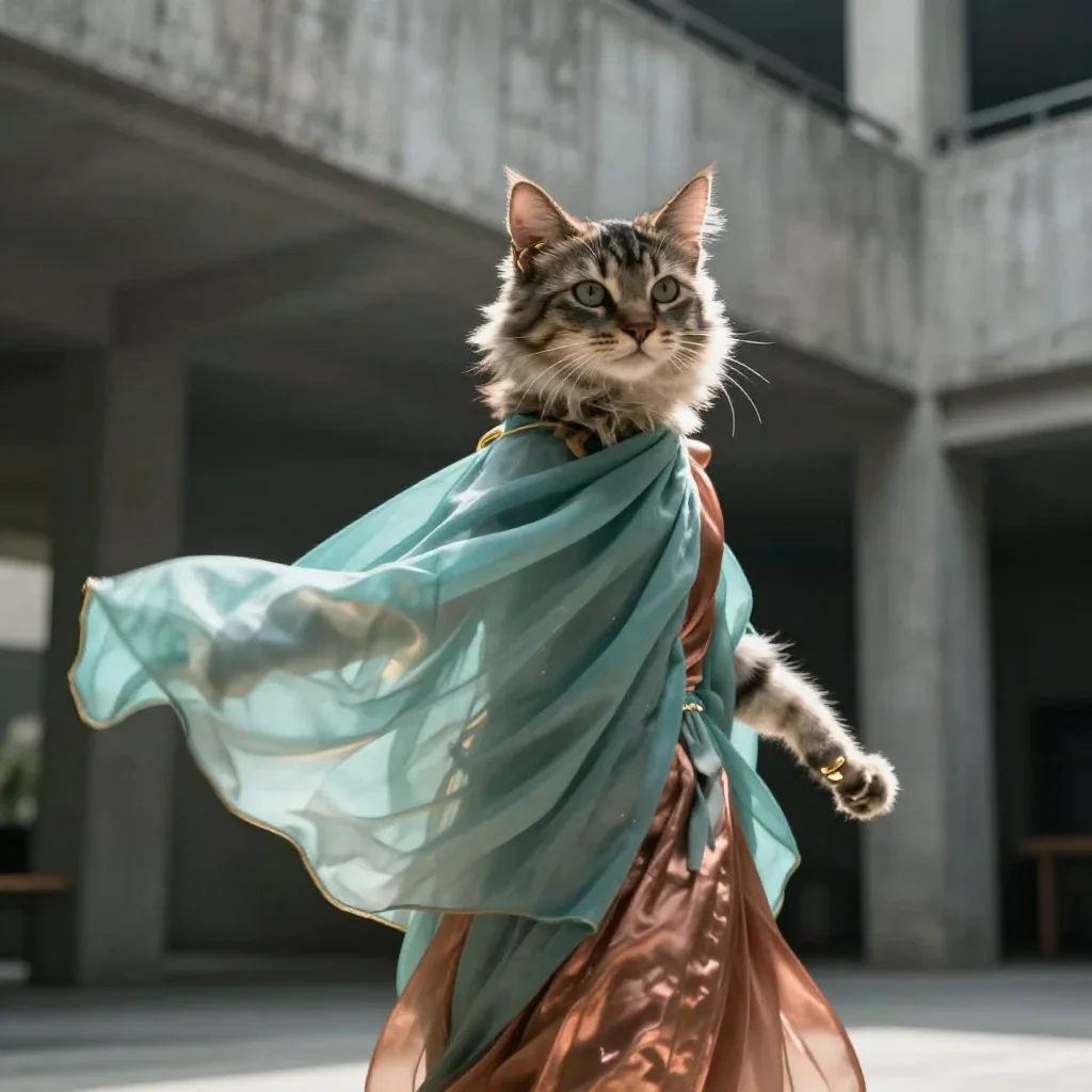 a feline-featured model with gold ear cuffs mid-turn with fabric catching the light, in a brutalist concrete atrium, moo