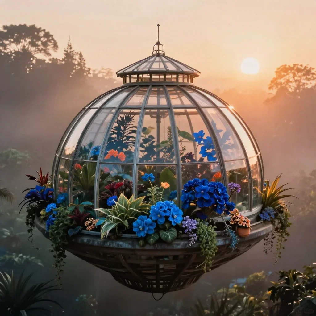 a floating botanical conservatory in quiet late-afternoon haze, high-end design magazine photography, subtle film grain,