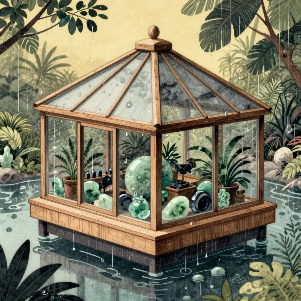 a floating botanical conservatory after warm summer rain, Japanese woodblock-inspired editorial art, clean natural textu