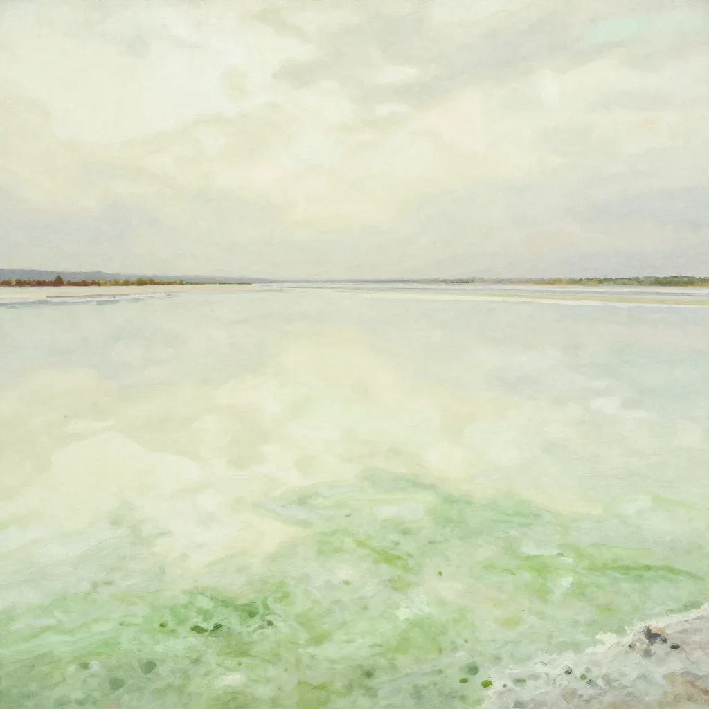 a salt-flat mirror landscape under diffused skylight, luminous gouache painting, subtle film grain, moss green and cream