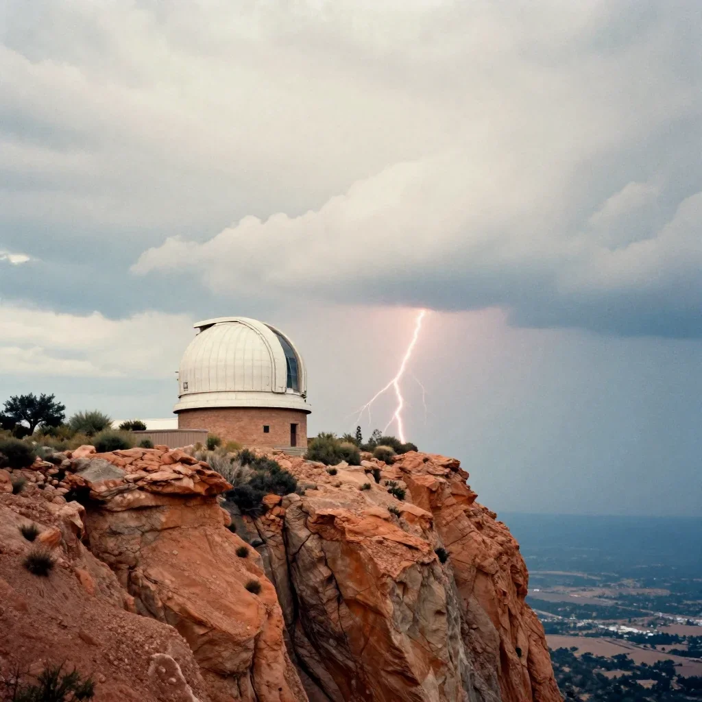 a cliffside observatory after a distant thunderstorm, soft-grain analog film photography, subtle film grain, terracotta 