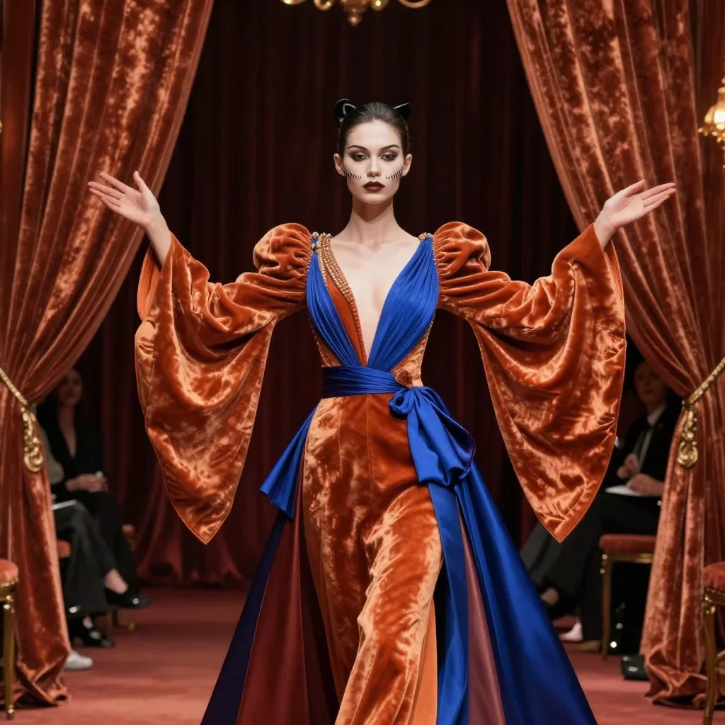 a couture catwalk muse with razor cheekbones in a bold, open-armed welcome, in a velvet-curtained boudoir, dreamlike fan