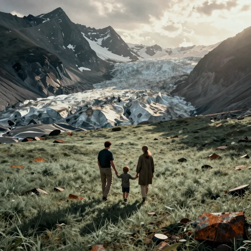 an alpine meadow beneath glaciers at first light, quiet science-fiction concept art, weathered tactile surfaces, rust an