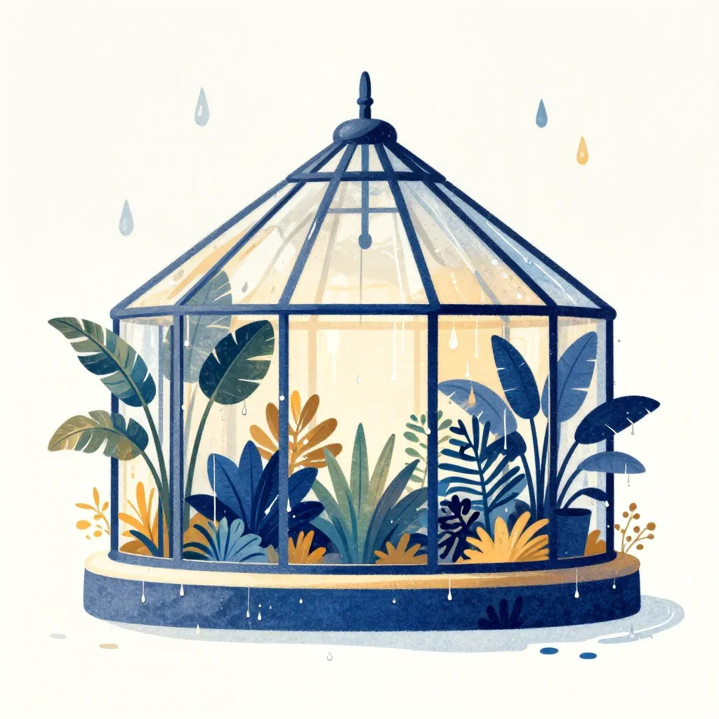 a floating botanical conservatory after warm summer rain, contemporary botanical illustration, calm negative space, coba