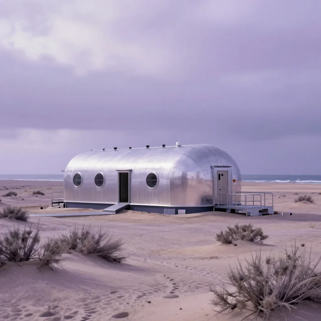 a desert research station under overcast coastal light, high-end design magazine photography, soft volumetric light, lavender and silver palette, no people, no text, no logo, no watermark