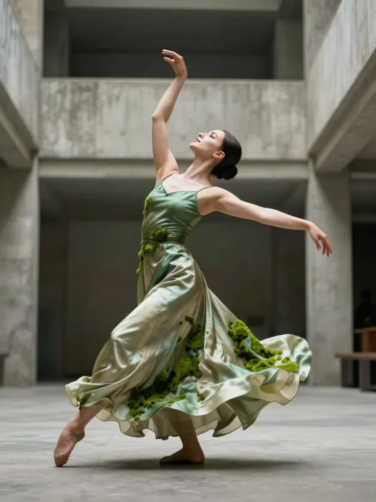 a dancer mid-spin in a silk maxi dress in a low lunge with a lifted chin, in a brutalist concrete atrium, mythology-insp