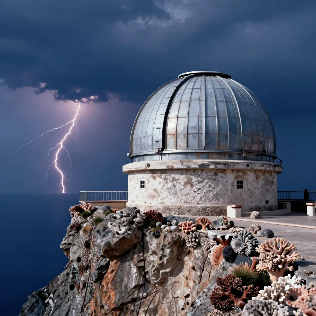 a cliffside observatory after a distant thunderstorm, cinematic architectural photography, weathered tactile surfaces, c