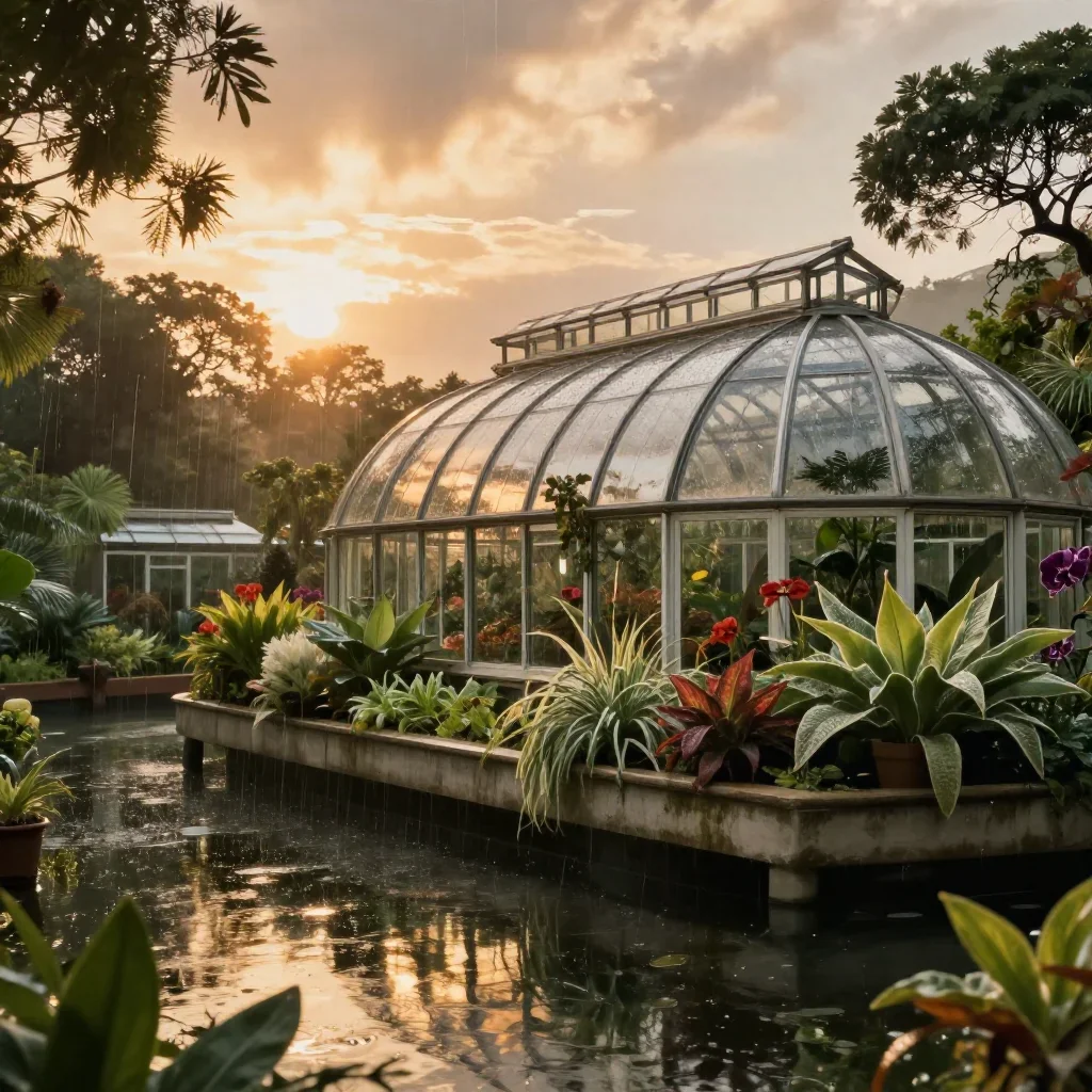 a floating botanical conservatory after warm summer rain, dreamlike fine-art landscape photography, gentle reflected lig