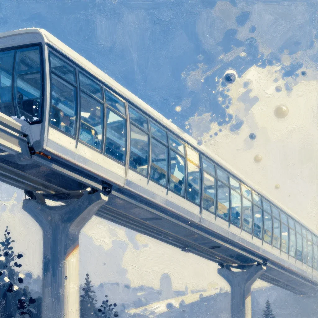 a glass monorail in crisp winter sunlight, modernist poster illustration, weathered tactile surfaces, indigo and pearl palette, no people, no text, no logo, no watermark