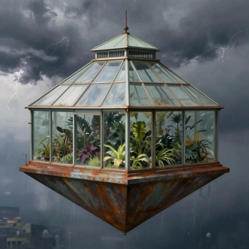 a floating botanical conservatory after a distant thunderstorm, quiet science-fiction concept art, careful geometric com