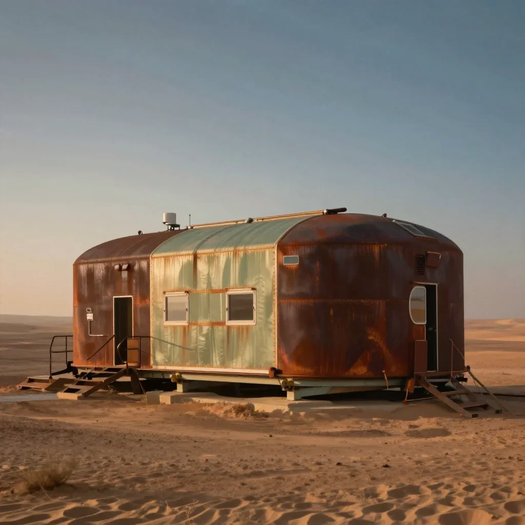 a desert research station in quiet late-afternoon haze, high-end design magazine photography, atmospheric depth, rust an
