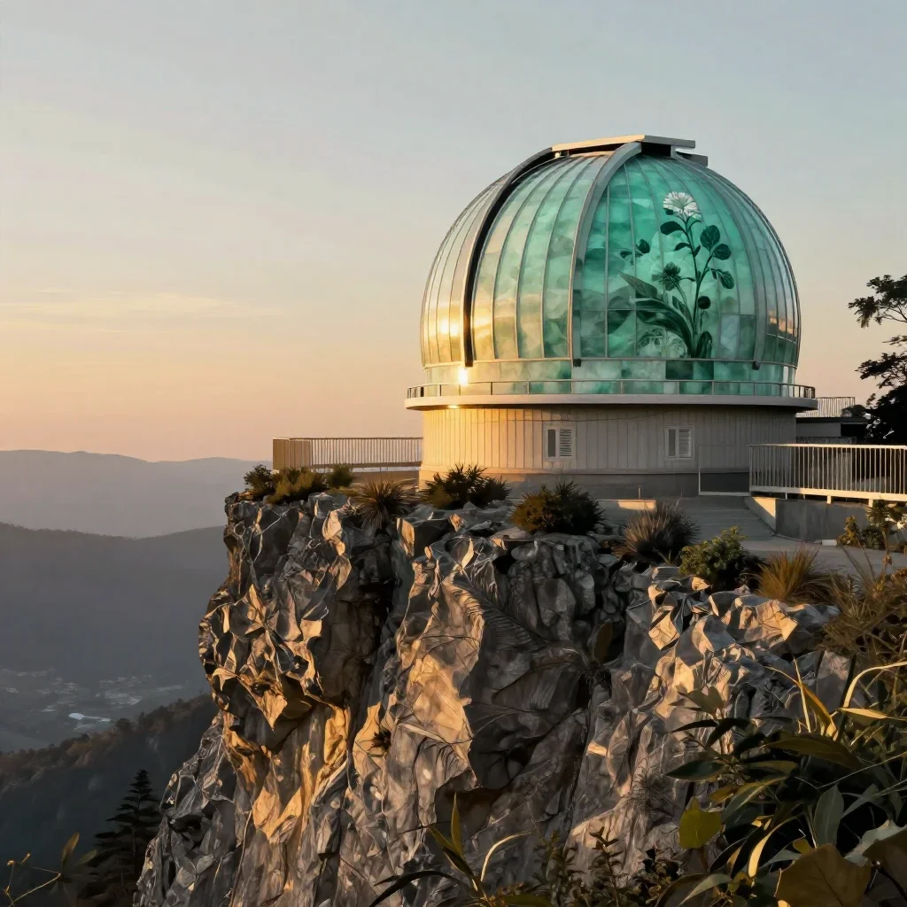 a cliffside observatory during golden hour, contemporary botanical illustration, gentle reflected light, jade and charco