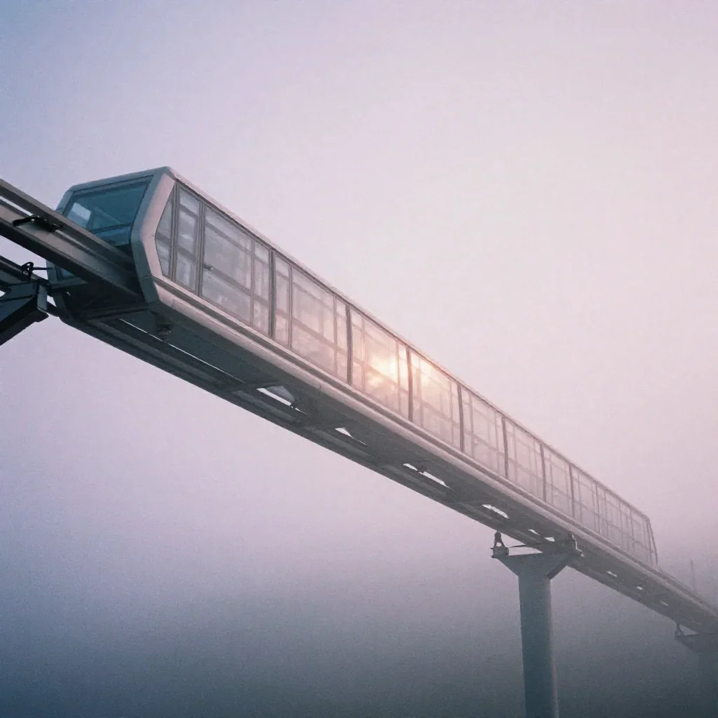 a glass monorail under soft dawn fog, soft-grain analog film photography, gentle reflected light, lavender and silver pa