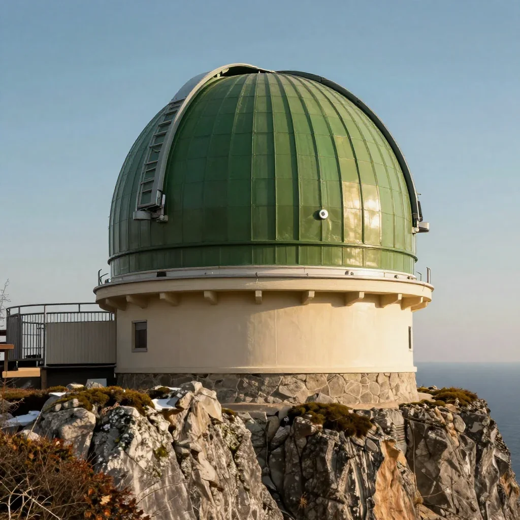 a cliffside observatory in crisp winter sunlight, cinematic architectural photography, careful geometric composition, mo