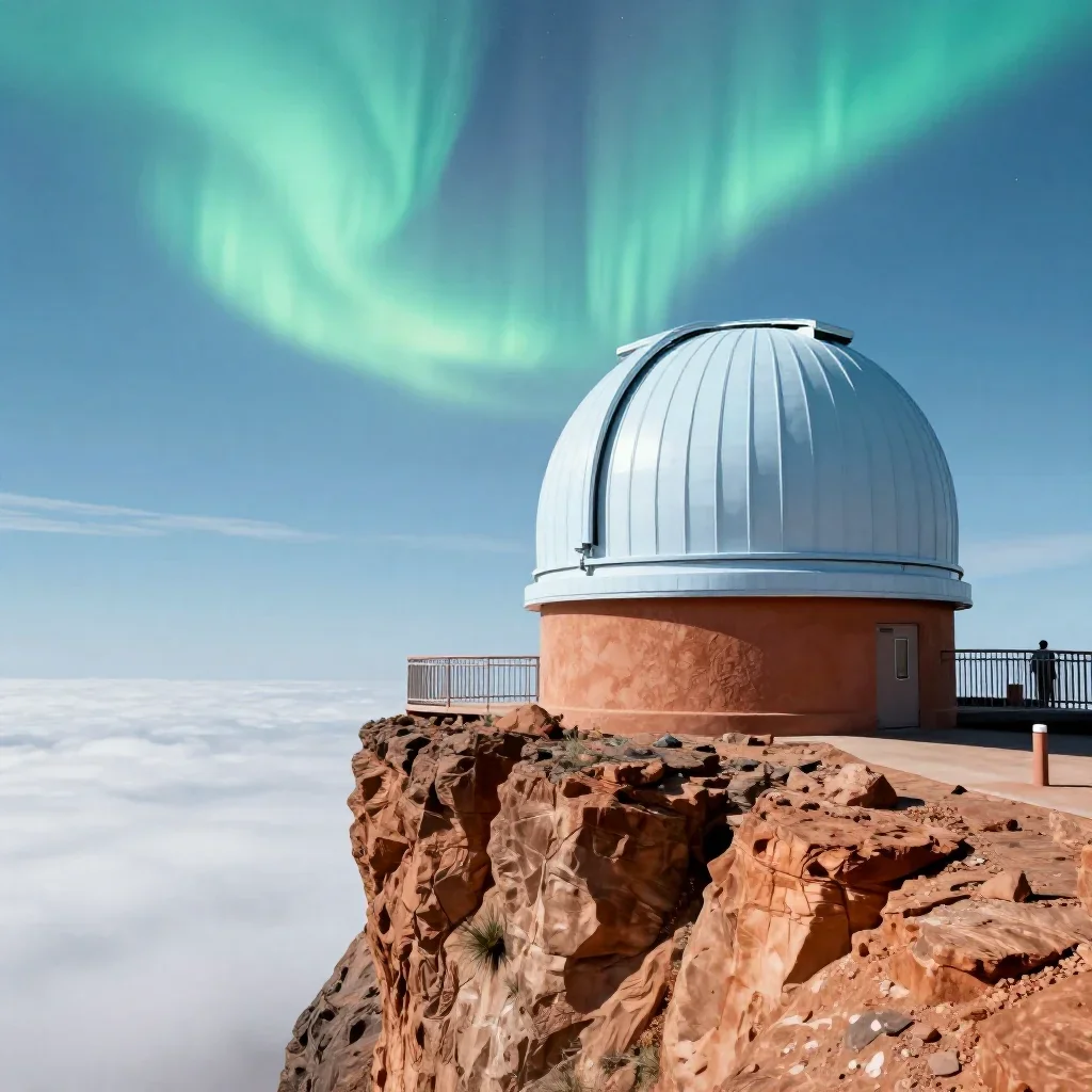 a cliffside observatory beneath an aurora, high-end design magazine photography, crisp material detail, terracotta and p