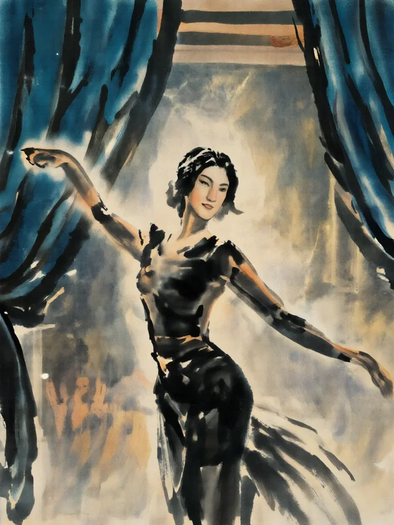 a spectral fox-spirit woman in an ink wash in a bold, open-armed welcome, in a velvet-curtained boudoir, moody Fujifilm 