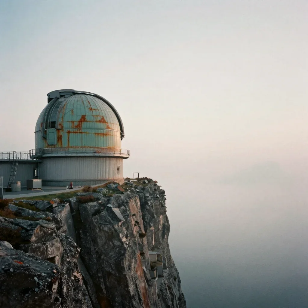 a cliffside observatory under soft dawn fog, quiet science-fiction concept art, subtle film grain, rust and sage palette