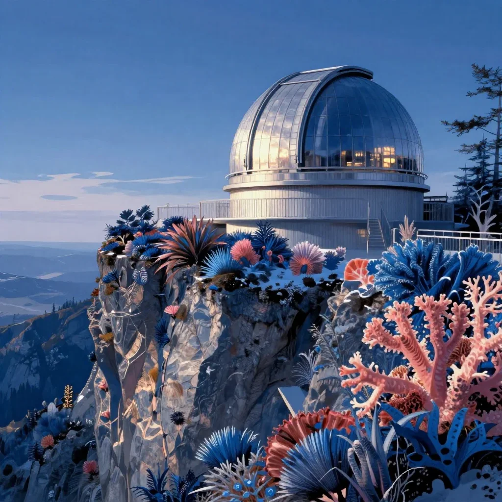 a cliffside observatory in crisp winter sunlight, contemporary botanical illustration, gentle reflected light, coral and