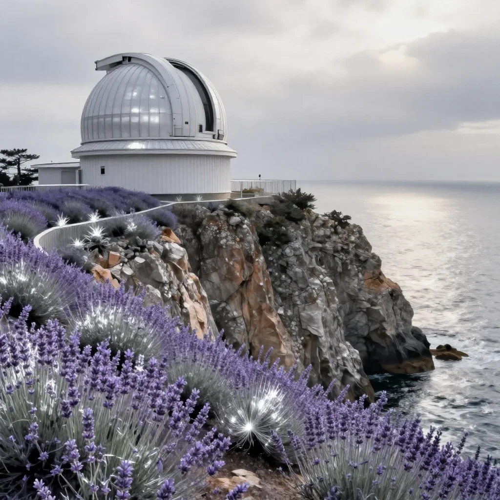 a cliffside observatory under overcast coastal light, contemporary botanical illustration, gentle reflected light, laven