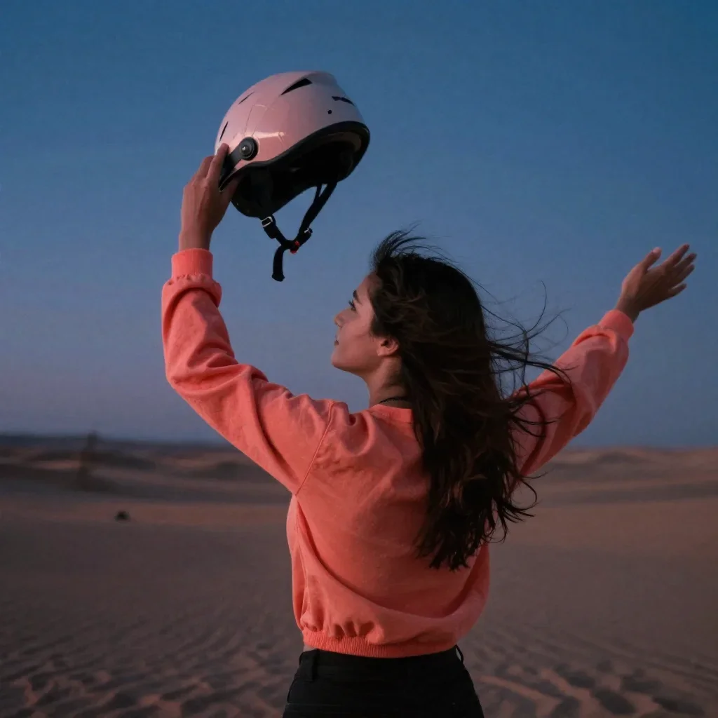 a rider removing a helmet, flushed and windblown in a bold, open-armed welcome, in a silent desert at twilight, moody Fu