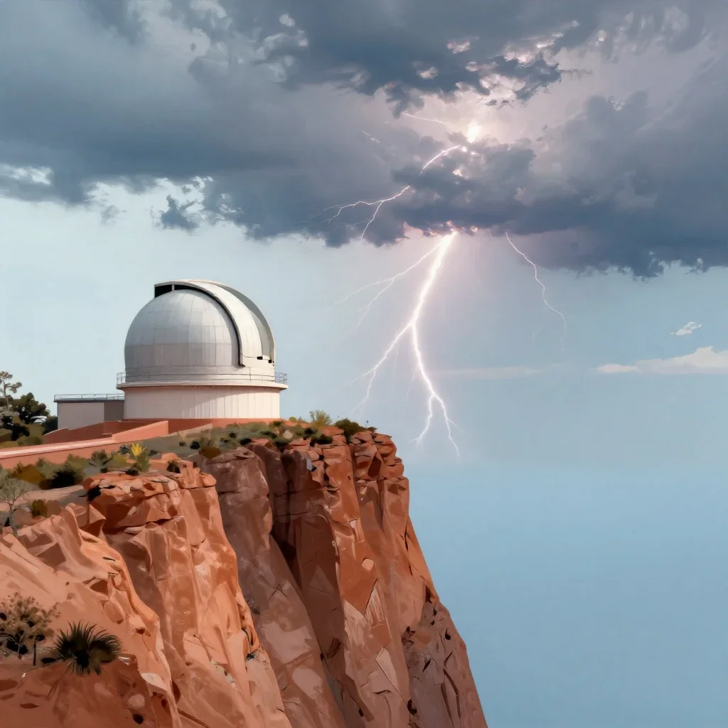 a cliffside observatory after a distant thunderstorm, modernist poster illustration, gentle reflected light, terracotta 