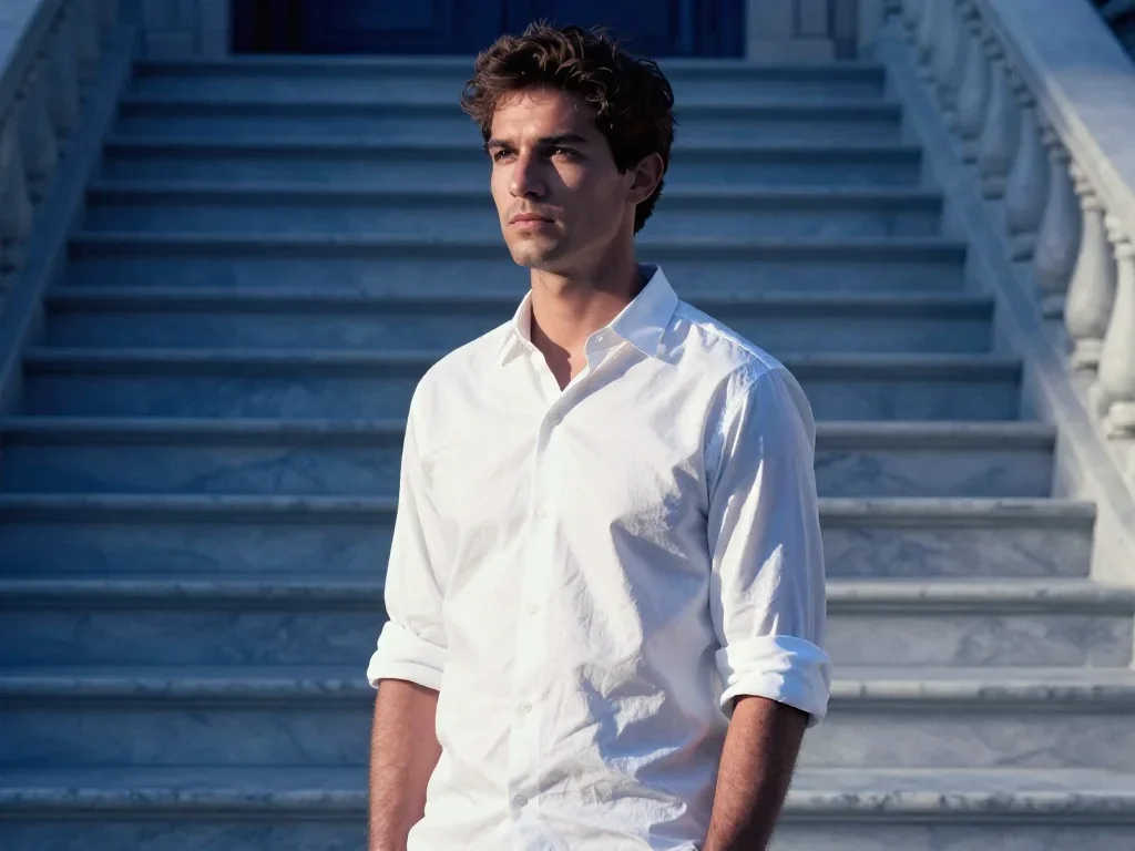 a handsome man in a rolled-sleeve white shirt mid-turn with fabric catching the light, on a marble staircase at dawn, Re