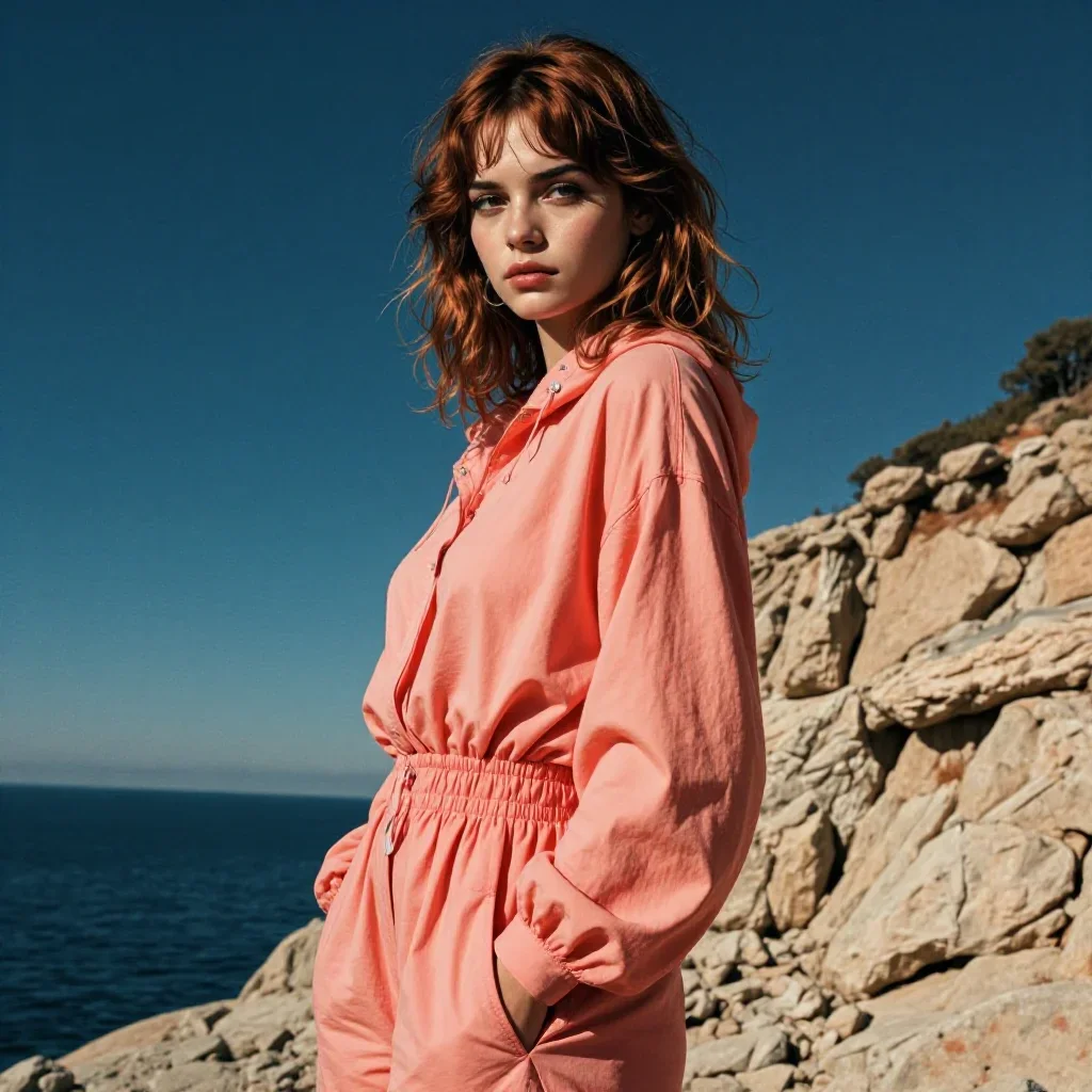 a striking woman with a smoldering over-the-shoulder gaze standing tall with hands in pockets, on a sun-drenched cliffsi