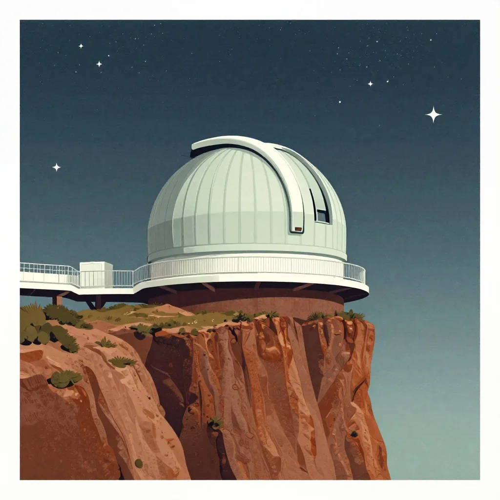 a cliffside observatory beneath a star-filled sky, modernist poster illustration, clean natural textures, rust and sage palette, no people, no text, no logo, no watermark