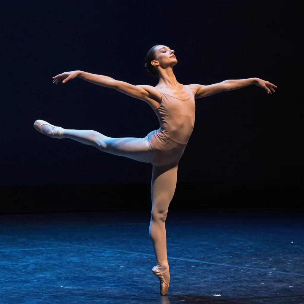 a ballet dancer in a bare-shoulder leotard, mid-extension in a deep breath with eyes closed, on a midnight dance floor,