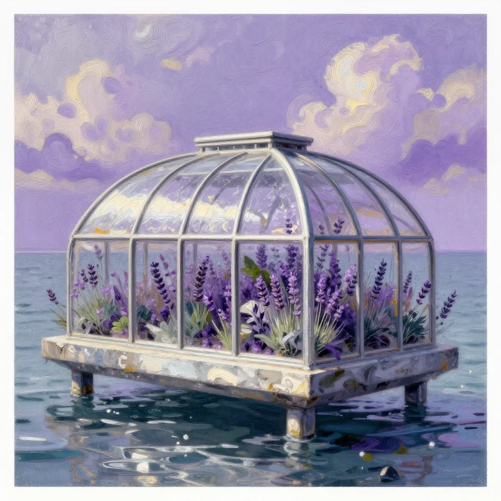 a floating botanical conservatory in a gentle sea breeze, modernist poster illustration, weathered tactile surfaces, lav