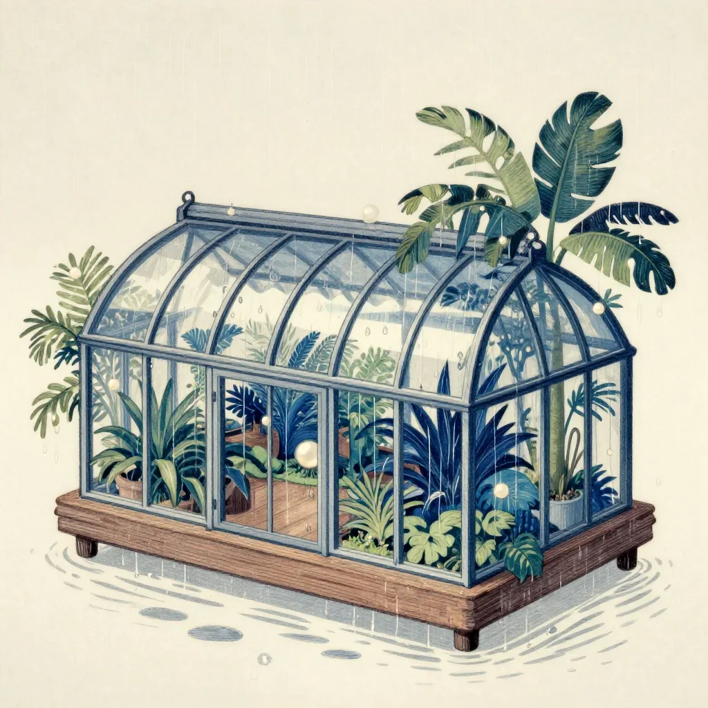 a floating botanical conservatory after warm summer rain, Japanese woodblock-inspired editorial art, clean natural textu