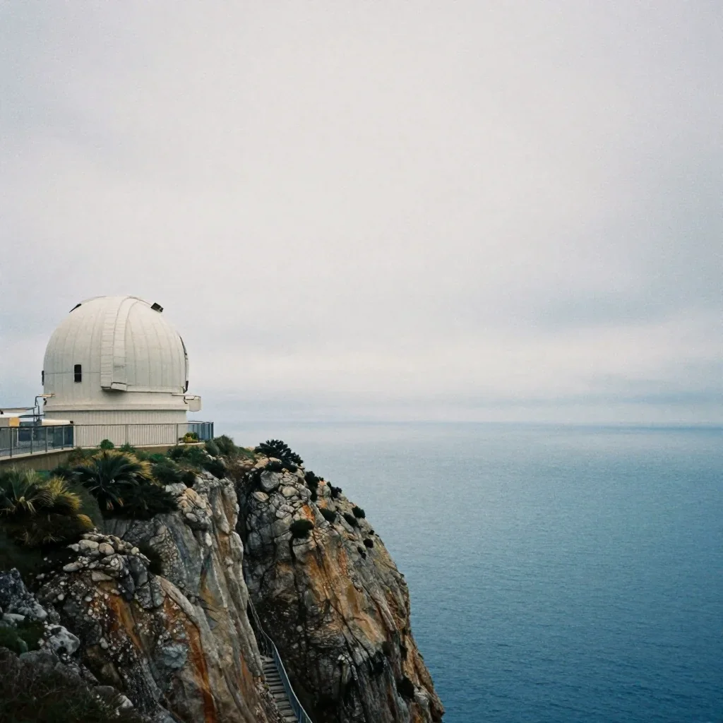 a cliffside observatory under overcast coastal light, soft-grain analog film photography, calm negative space, cobalt an