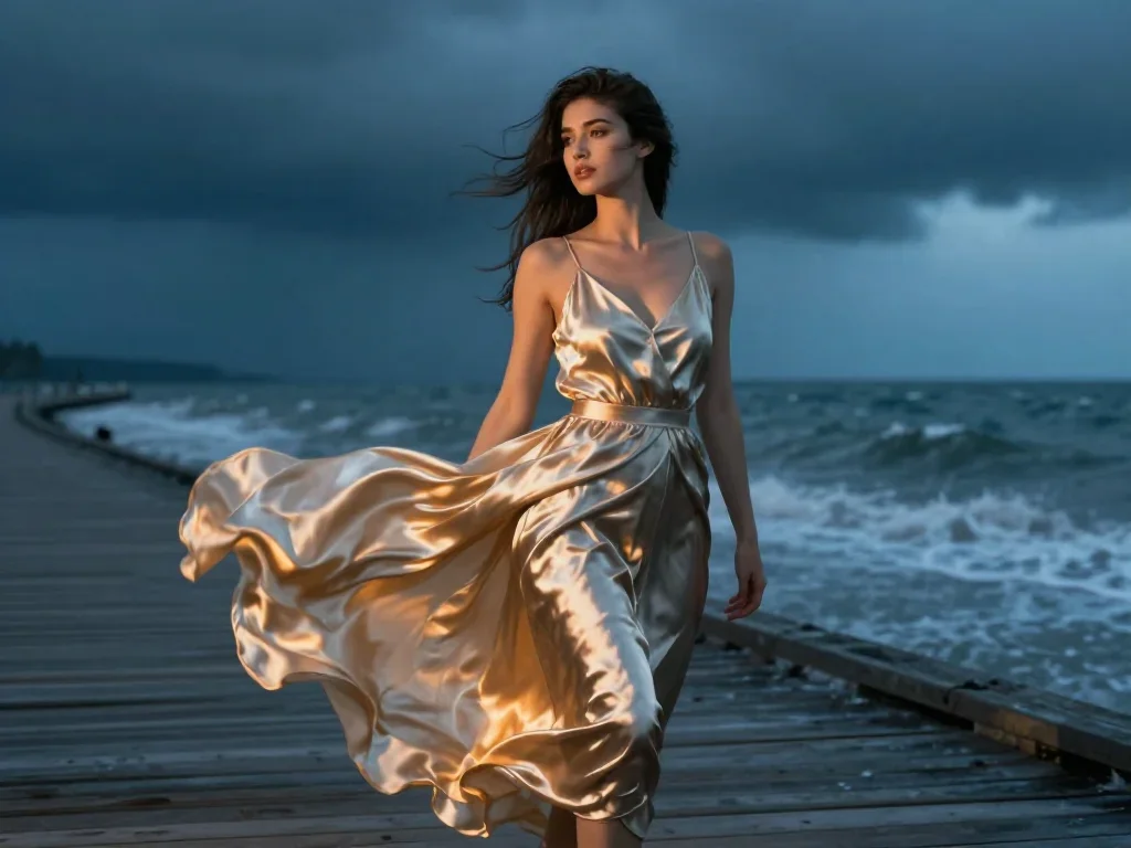 a young woman in a flowing silk gown mid-turn with fabric catching the light, on a storm-washed boardwalk, editorial gla