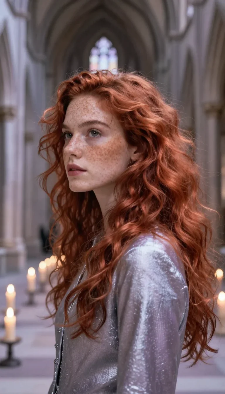 a muse with freckles and wind-tousled copper hair in a dramatic three-quarter profile, in a candle-lit cathedral ruin, N