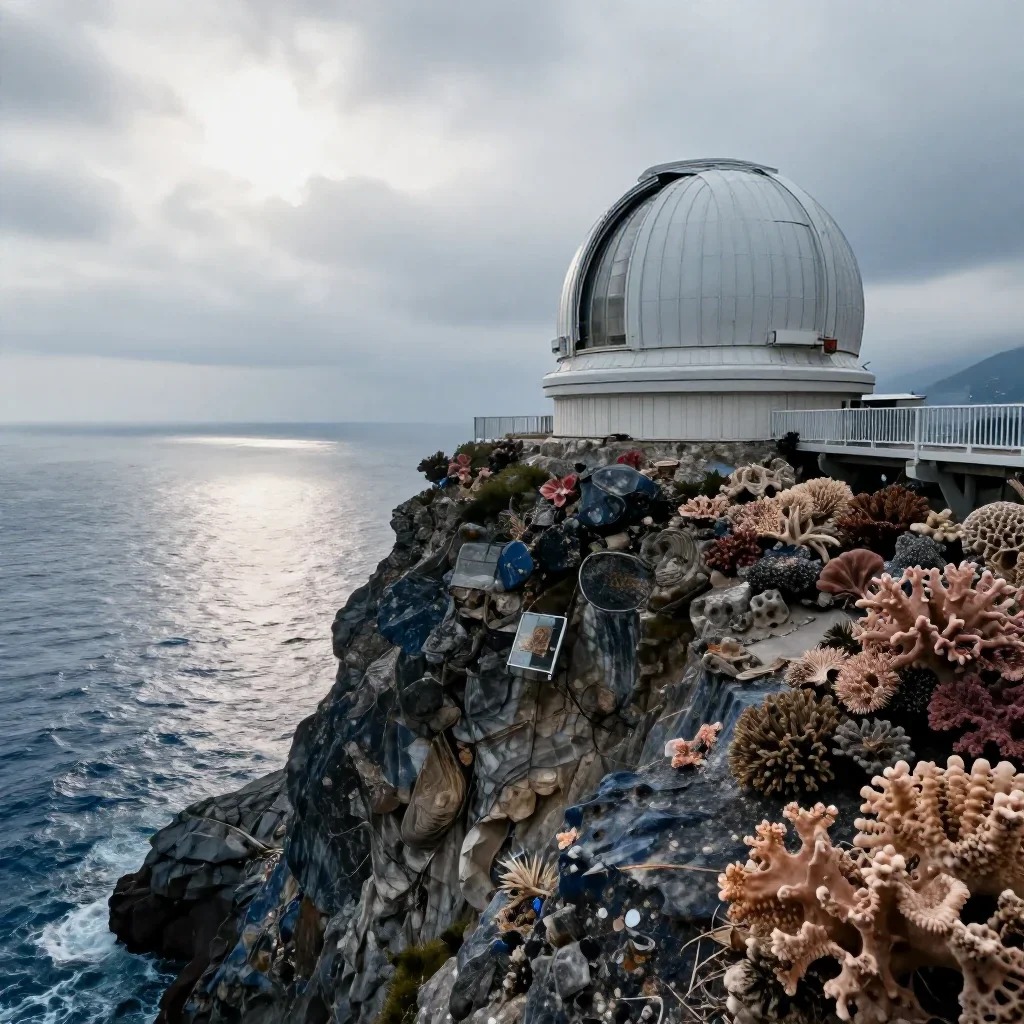 a cliffside observatory under overcast coastal light, refined editorial travel photography, gentle reflected light, coral and midnight blue palette, no people, no text, no logo, no watermark