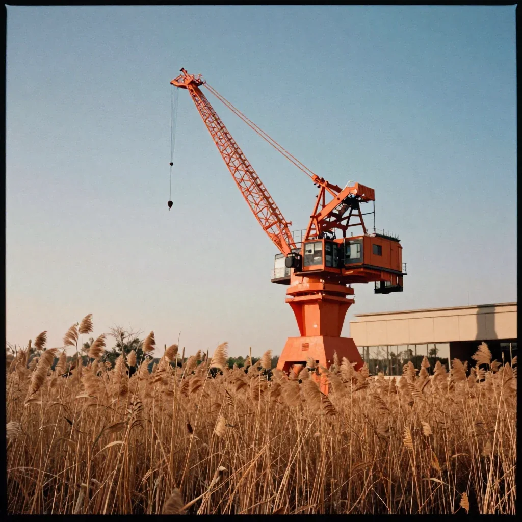 a crane standing in morning reeds in cool museum light, soft-grain analog film photography, careful geometric compositio