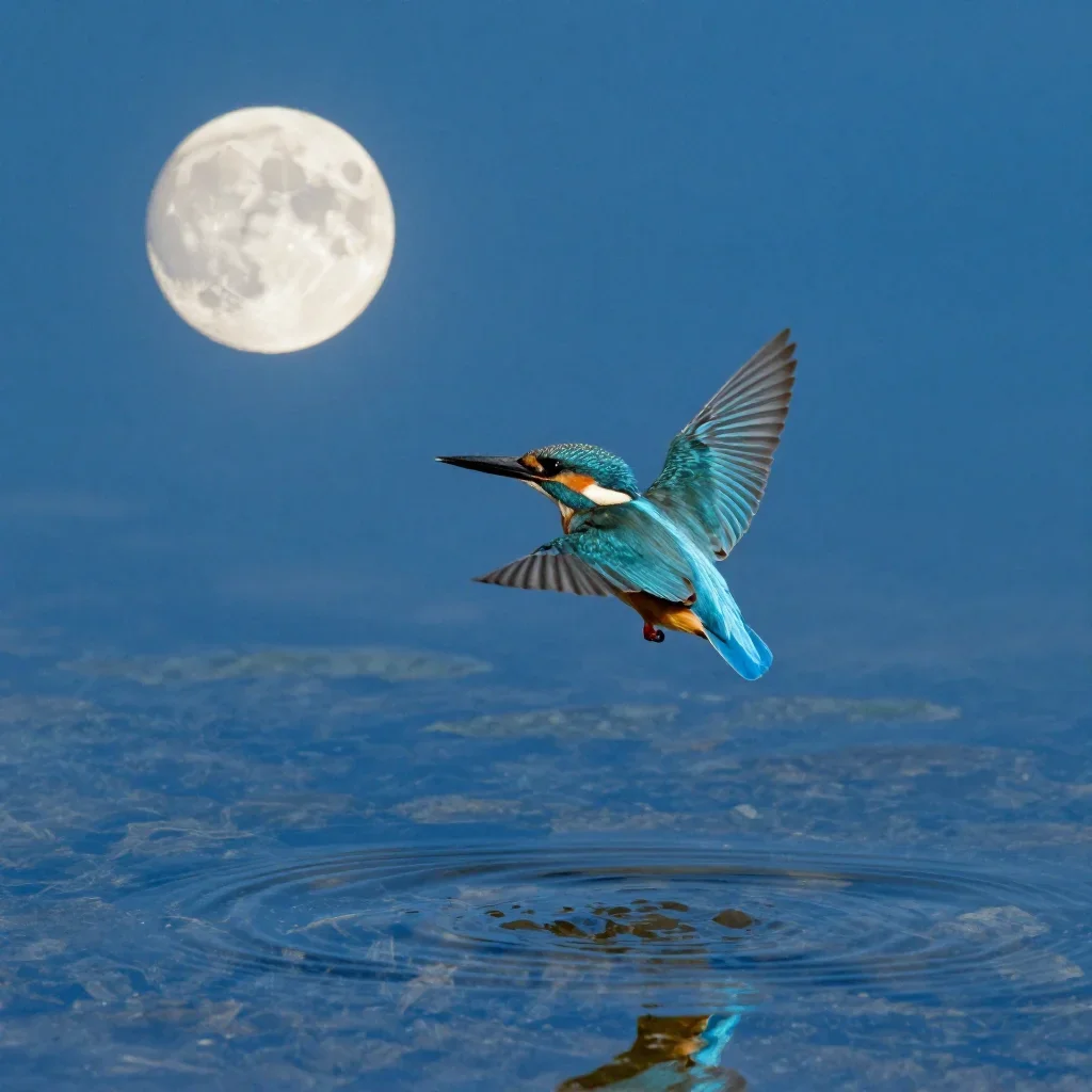 a kingfisher above clear water at moonrise, cinematic architectural photography, crisp material detail, indigo and pearl