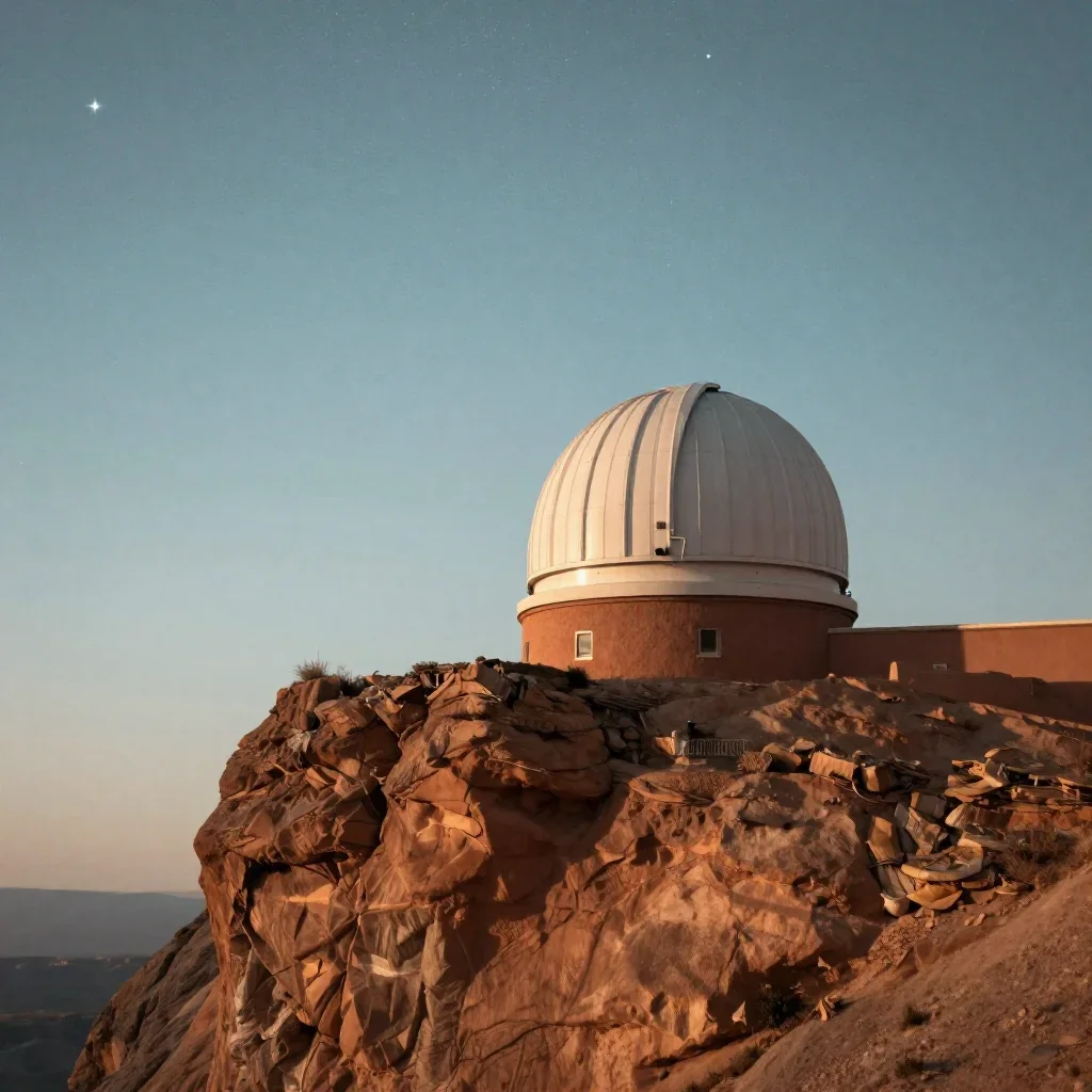 a cliffside observatory beneath a star-filled sky, refined editorial travel photography, atmospheric depth, terracotta a