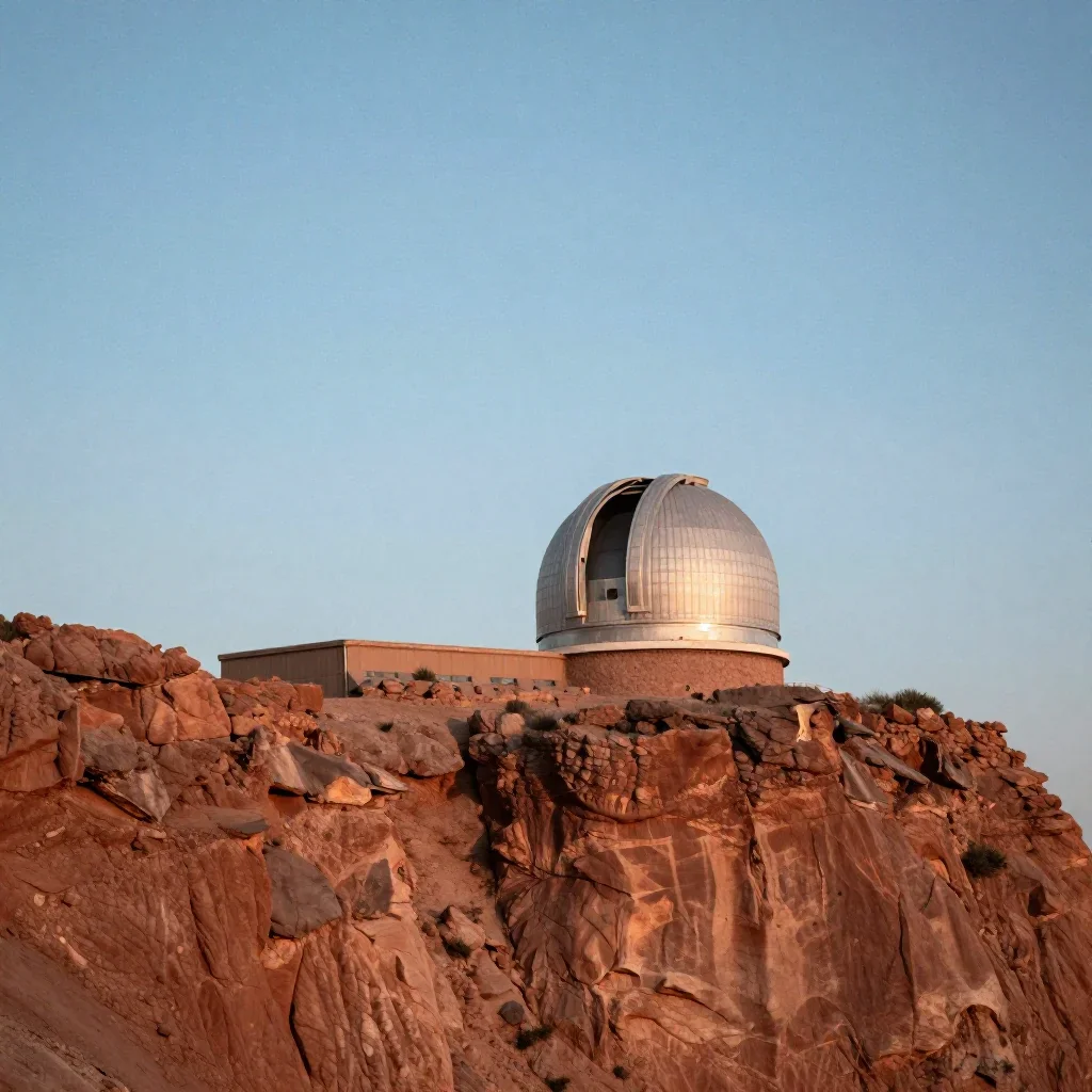 a cliffside observatory beneath a star-filled sky, dreamlike fine-art landscape photography, restrained color harmony, t