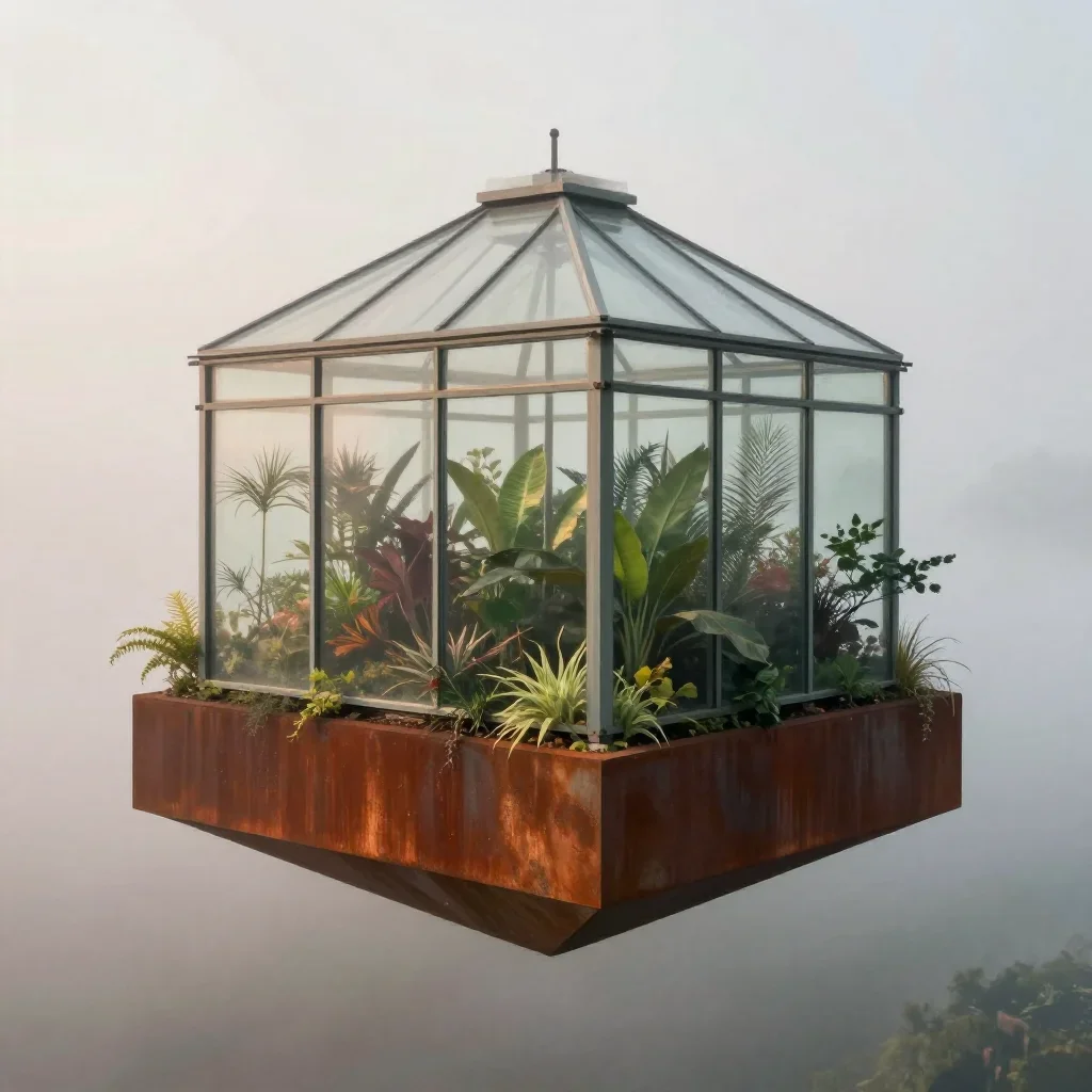 a floating botanical conservatory under soft dawn fog, high-end design magazine photography, careful geometric compositi