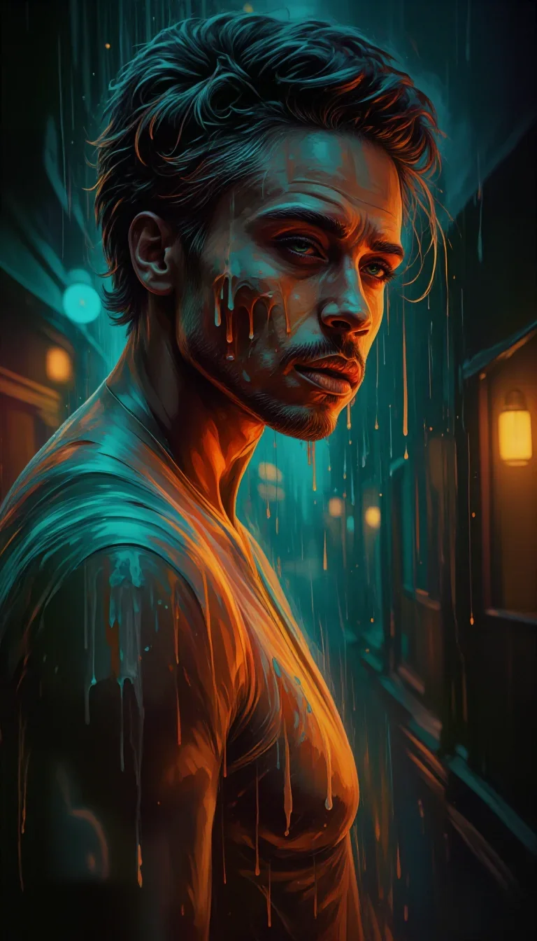 a chiseled athlete in dramatic rim light, oiled skin in a coy glance from under lowered lashes, in a rain-slick neon alley, neo-noir cinematic portrait, atmospheric depth, cobalt and amber palette, no text, no logo, n...