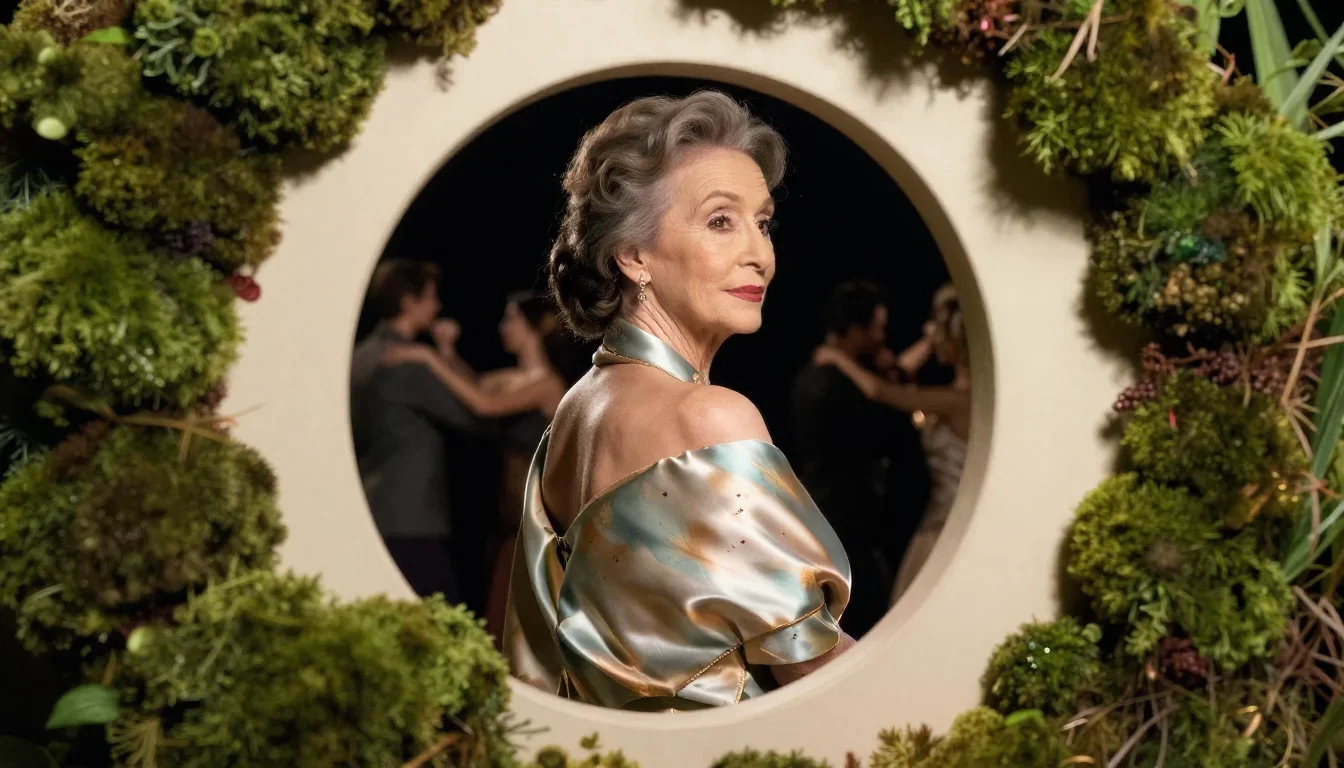 an elegant older stateswoman in a silk scarf in an alluring over-the-shoulder glance, on a midnight dance floor, editori