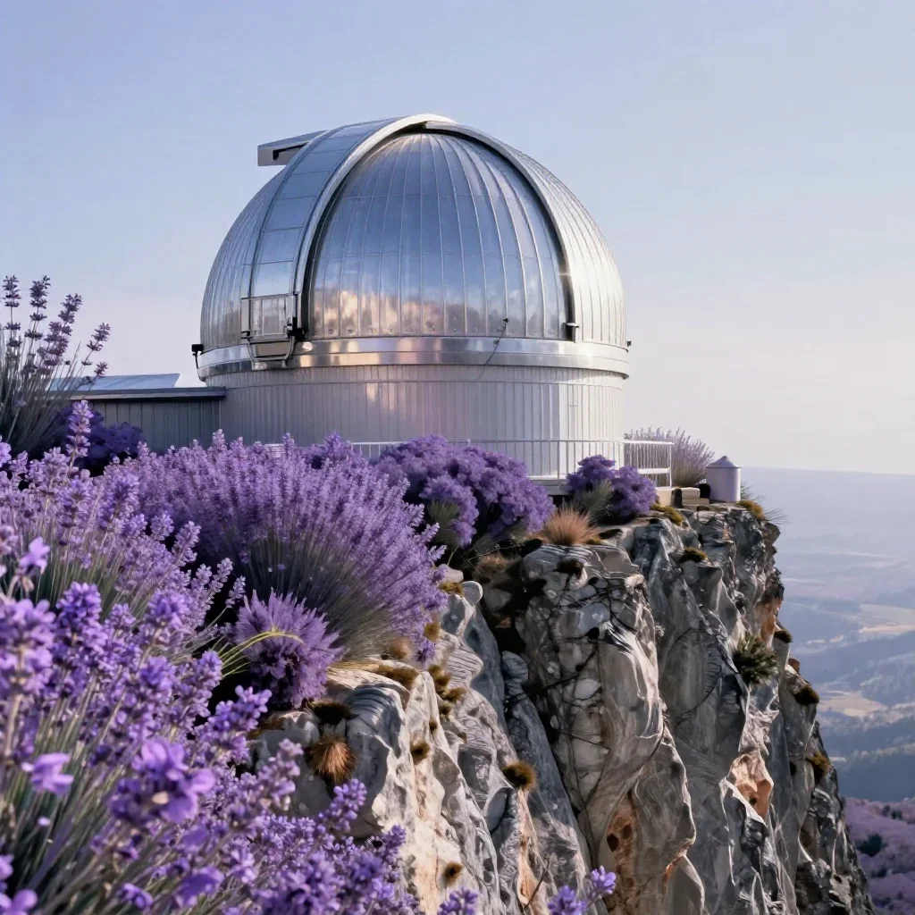 a cliffside observatory in crisp winter sunlight, refined editorial travel photography, crisp material detail, lavender 