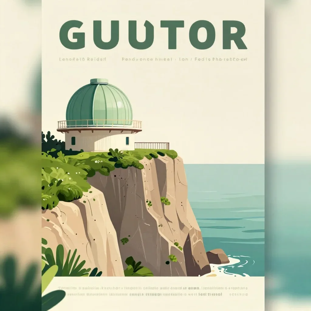 a cliffside observatory in a gentle sea breeze, modernist poster illustration, clean natural textures, moss green and cr