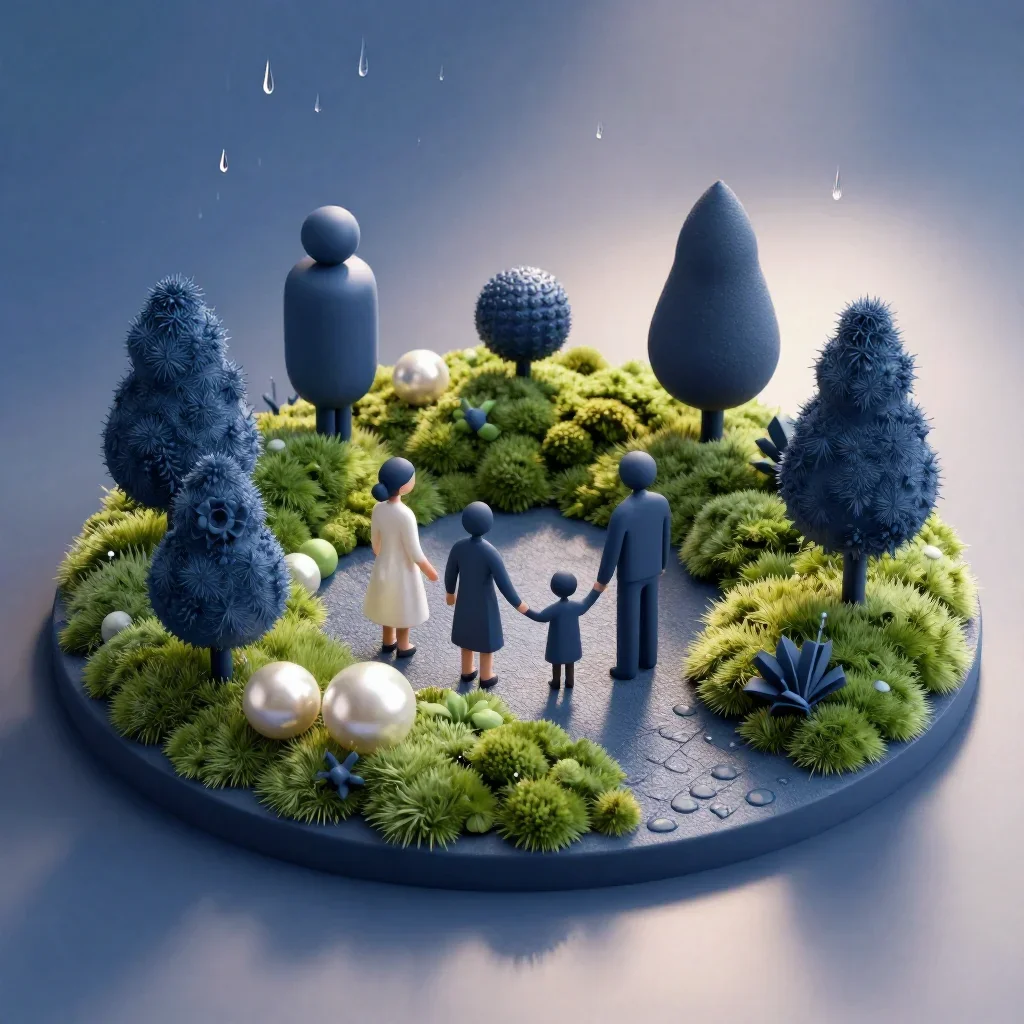 a moss garden after rain after warm summer rain, minimal geometric 3D art, soft volumetric light, indigo and pearl palet