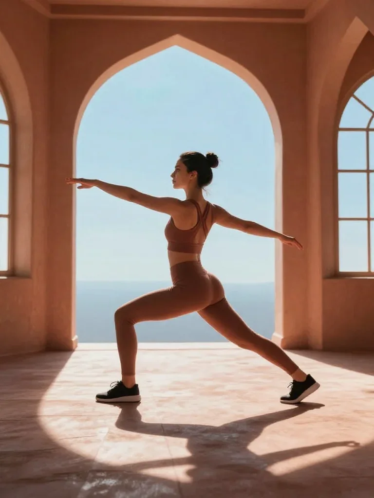 a fitness creator stretching in a sunlit loft in a confident cinematic stride, on a midnight dance floor, dreamlike fant